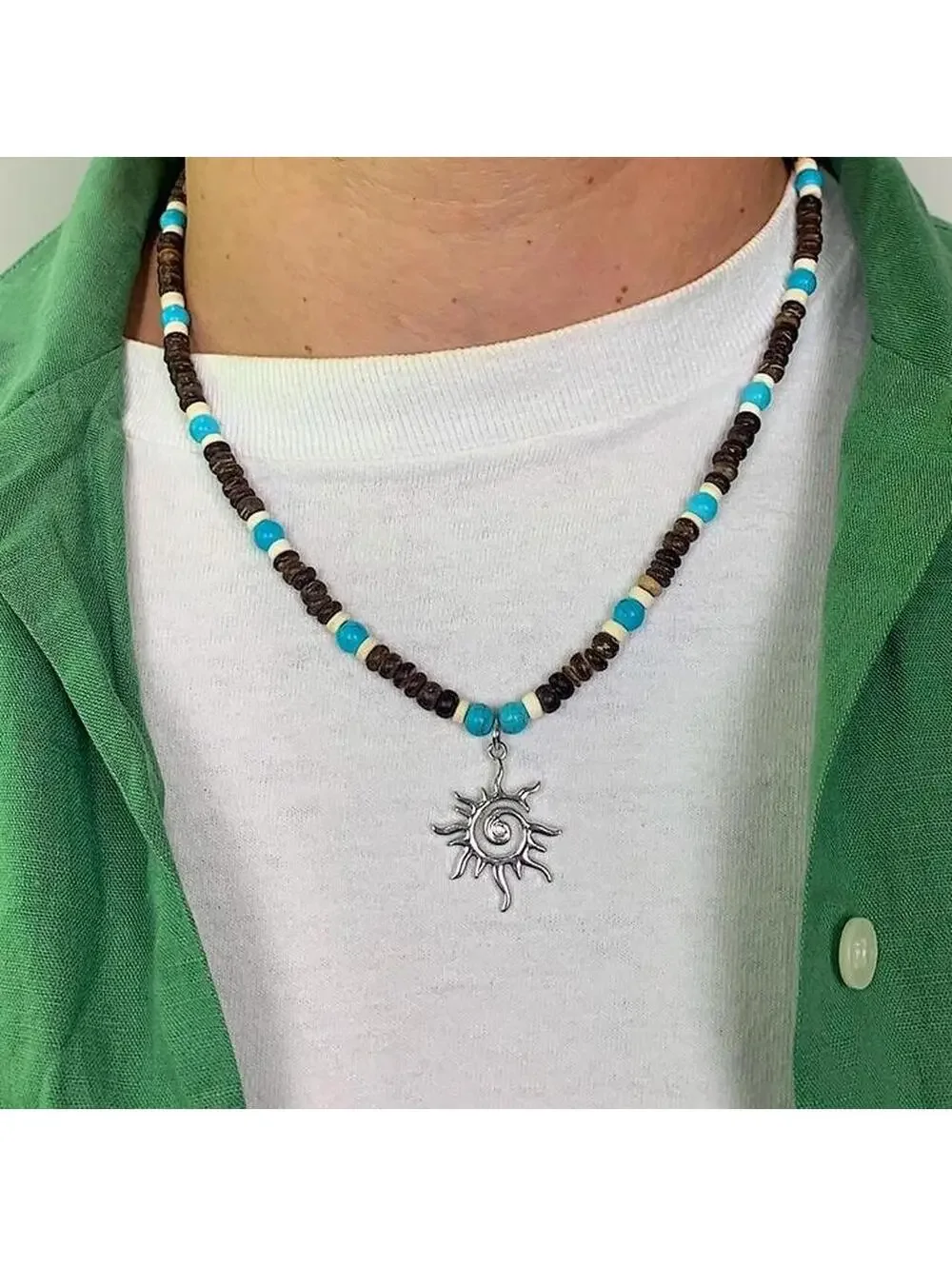 Y2k 2000s style Wood Beaded dark brown and blue mixed wood Necklace with Cyber